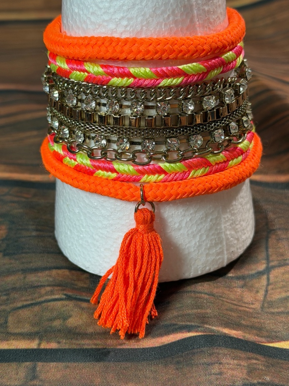 Orange Multistrand Bracelet Rhinestone Chain Tassel Statement Jewelry